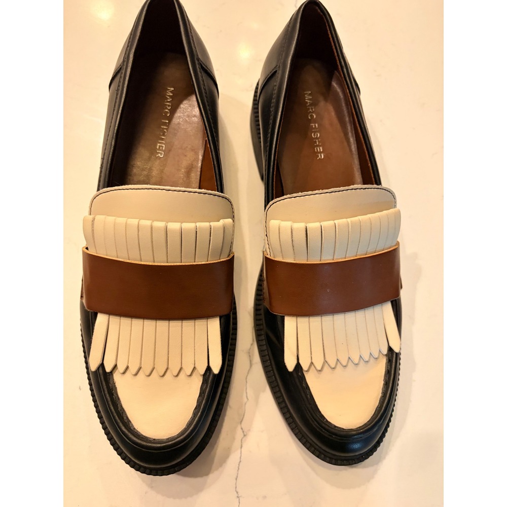 Marc Fisher Loafers Black Cream Brown Kiltie Fringe Lug Sole Preppy Shoes 8M